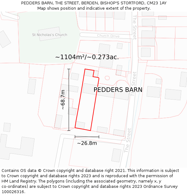 PEDDERS BARN, THE STREET, BERDEN, BISHOP'S STORTFORD, CM23 1AY: Plot and title map