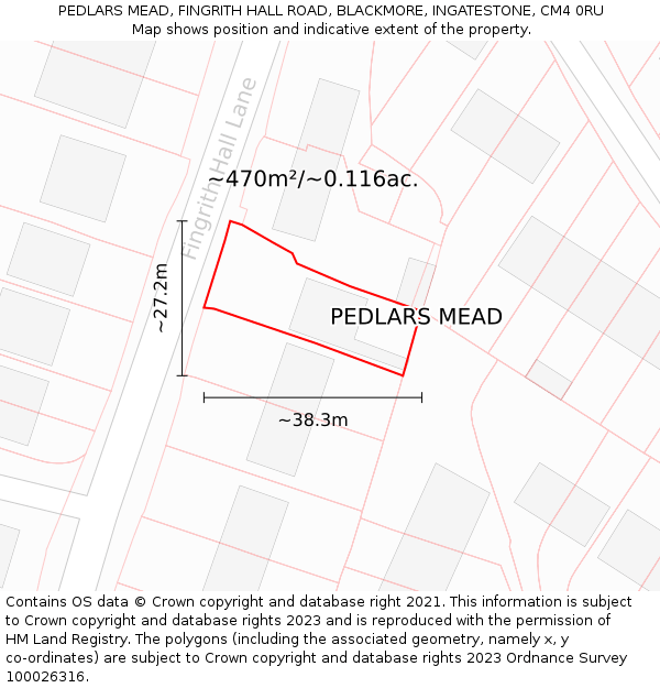 PEDLARS MEAD, FINGRITH HALL ROAD, BLACKMORE, INGATESTONE, CM4 0RU: Plot and title map