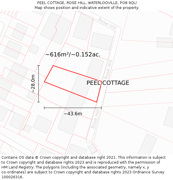 PEEL COTTAGE, ROSE HILL, WATERLOOVILLE, PO8 9QU: Plot and title map