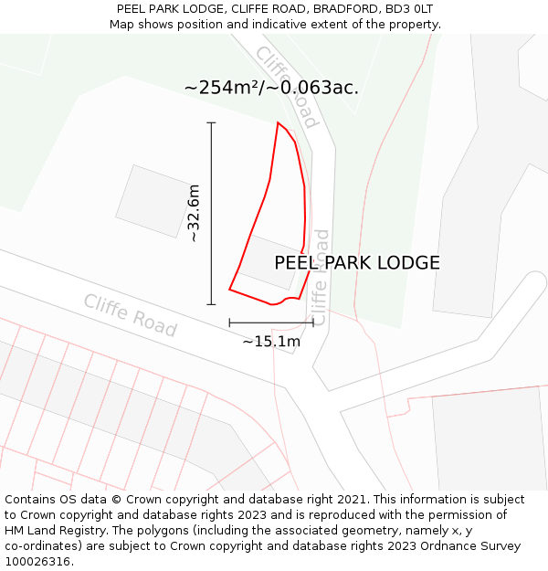 PEEL PARK LODGE, CLIFFE ROAD, BRADFORD, BD3 0LT: Plot and title map