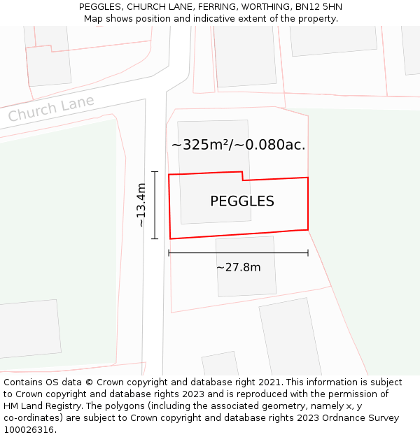 PEGGLES, CHURCH LANE, FERRING, WORTHING, BN12 5HN: Plot and title map