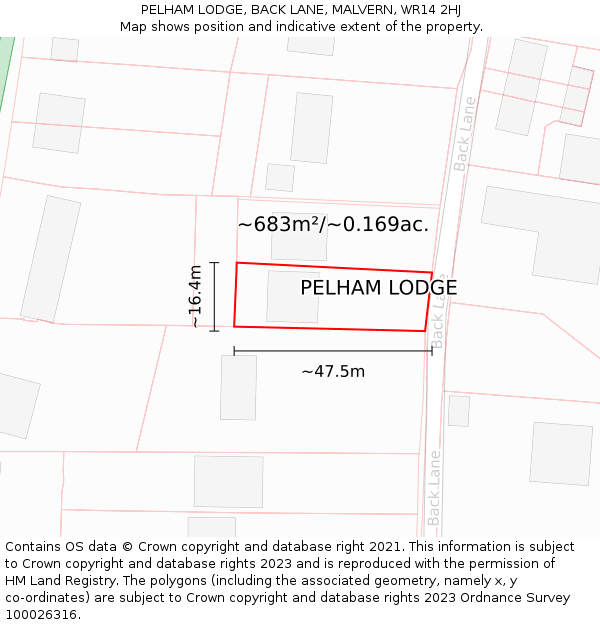 PELHAM LODGE, BACK LANE, MALVERN, WR14 2HJ: Plot and title map