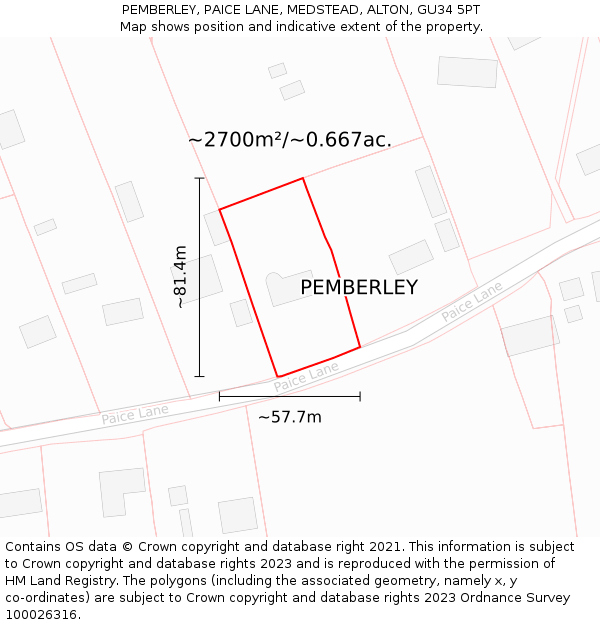 PEMBERLEY, PAICE LANE, MEDSTEAD, ALTON, GU34 5PT: Plot and title map