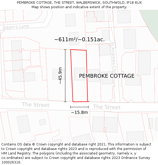 PEMBROKE COTTAGE, THE STREET, WALBERSWICK, SOUTHWOLD, IP18 6UX: Plot and title map