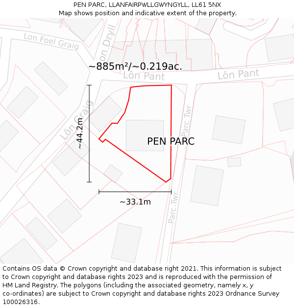 PEN PARC, LLANFAIRPWLLGWYNGYLL, LL61 5NX: Plot and title map