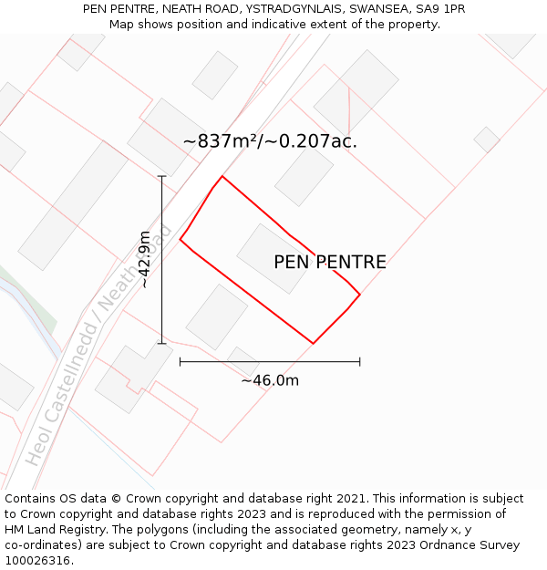 PEN PENTRE, NEATH ROAD, YSTRADGYNLAIS, SWANSEA, SA9 1PR: Plot and title map