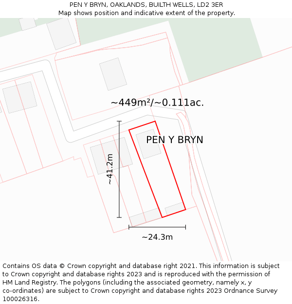 PEN Y BRYN, OAKLANDS, BUILTH WELLS, LD2 3ER: Plot and title map