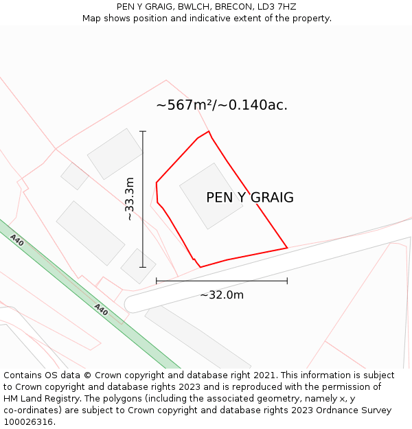 PEN Y GRAIG, BWLCH, BRECON, LD3 7HZ: Plot and title map