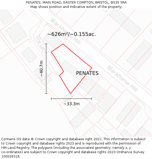 PENATES, MAIN ROAD, EASTER COMPTON, BRISTOL, BS35 5RA: Plot and title map