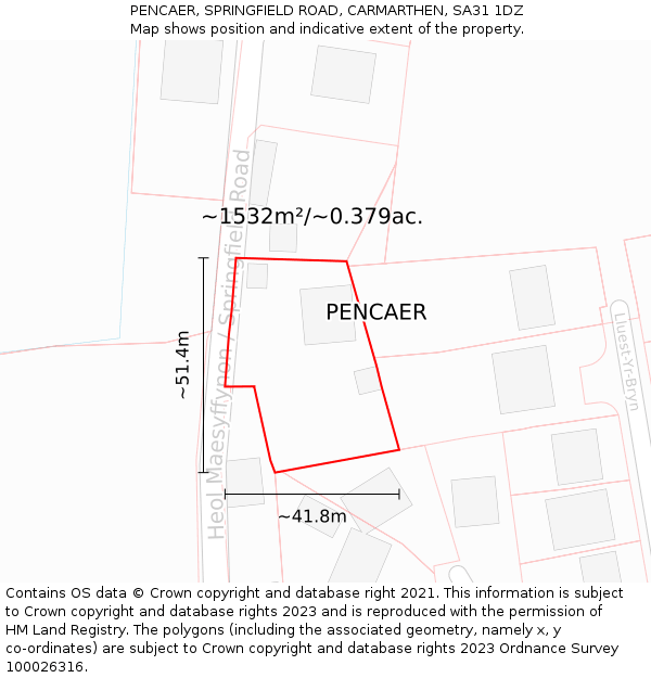 PENCAER, SPRINGFIELD ROAD, CARMARTHEN, SA31 1DZ: Plot and title map