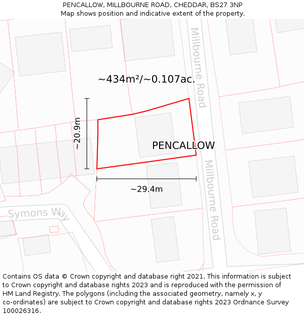 PENCALLOW, MILLBOURNE ROAD, CHEDDAR, BS27 3NP: Plot and title map