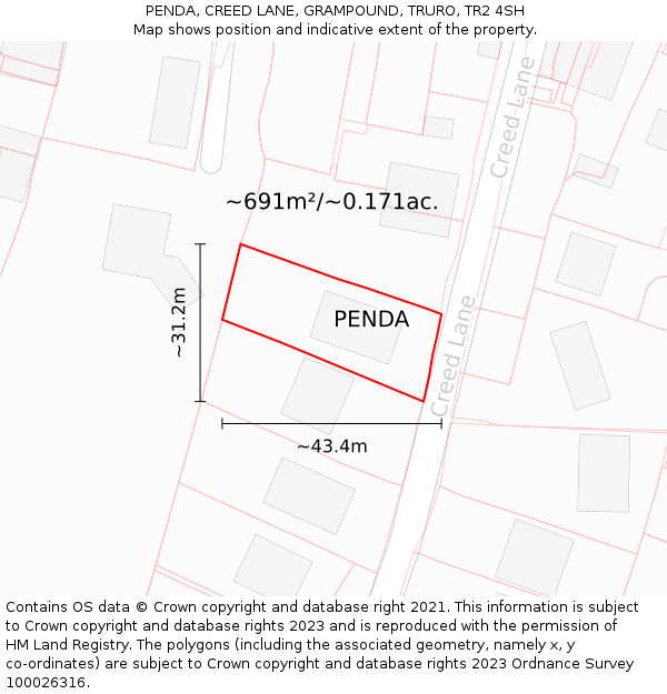 PENDA, CREED LANE, GRAMPOUND, TRURO, TR2 4SH: Plot and title map