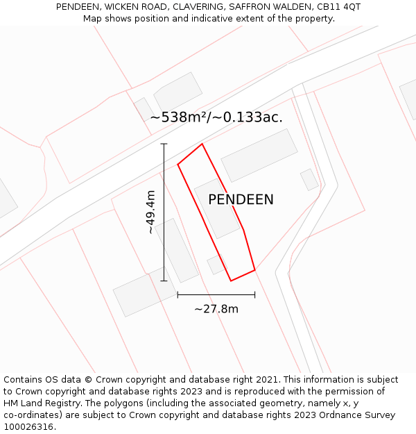 PENDEEN, WICKEN ROAD, CLAVERING, SAFFRON WALDEN, CB11 4QT: Plot and title map