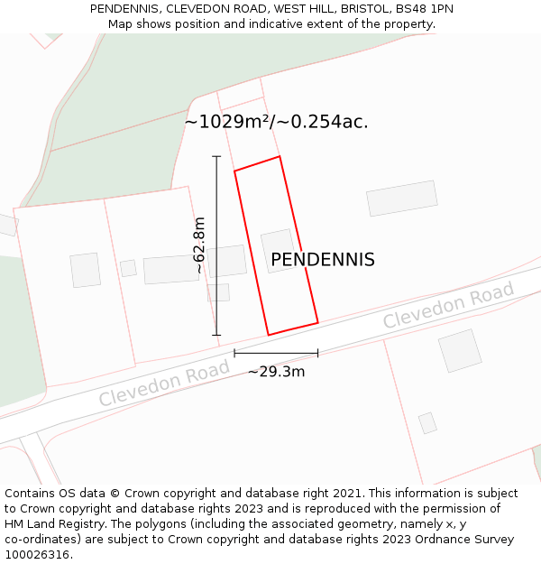 PENDENNIS, CLEVEDON ROAD, WEST HILL, BRISTOL, BS48 1PN: Plot and title map