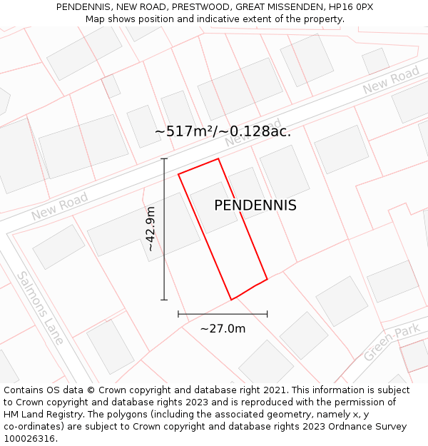 PENDENNIS, NEW ROAD, PRESTWOOD, GREAT MISSENDEN, HP16 0PX: Plot and title map