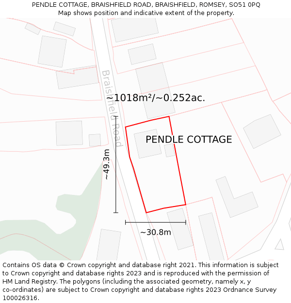 PENDLE COTTAGE, BRAISHFIELD ROAD, BRAISHFIELD, ROMSEY, SO51 0PQ: Plot and title map