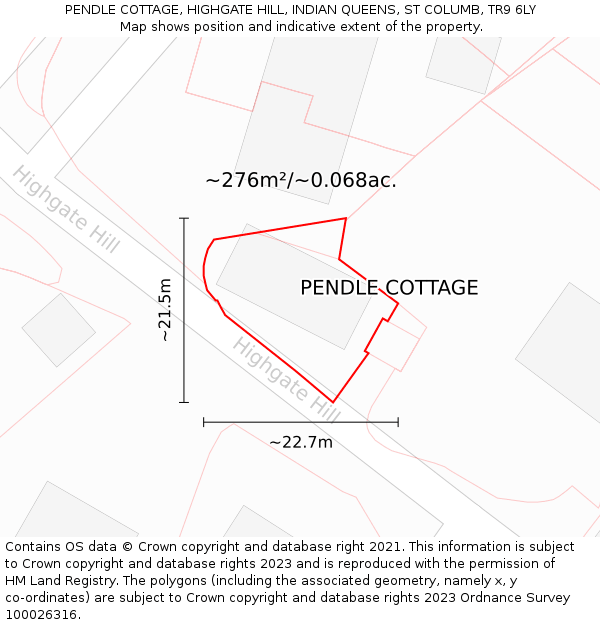 PENDLE COTTAGE, HIGHGATE HILL, INDIAN QUEENS, ST COLUMB, TR9 6LY: Plot and title map