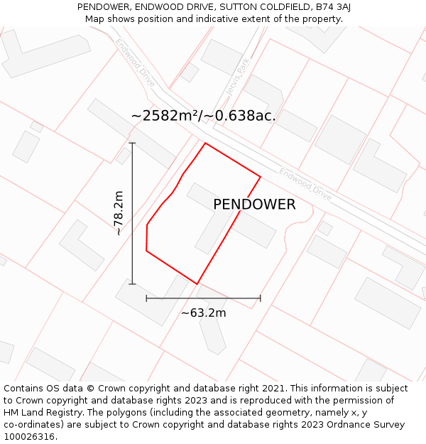 PENDOWER, ENDWOOD DRIVE, SUTTON COLDFIELD, B74 3AJ: Plot and title map