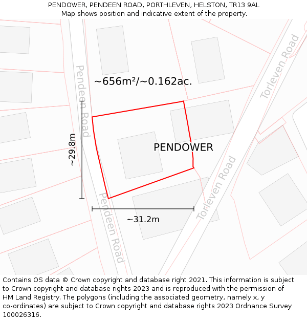 PENDOWER, PENDEEN ROAD, PORTHLEVEN, HELSTON, TR13 9AL: Plot and title map