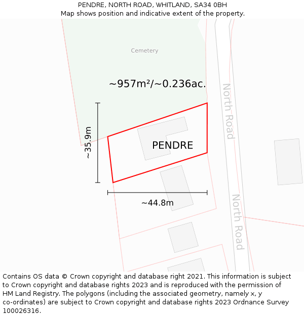 PENDRE, NORTH ROAD, WHITLAND, SA34 0BH: Plot and title map