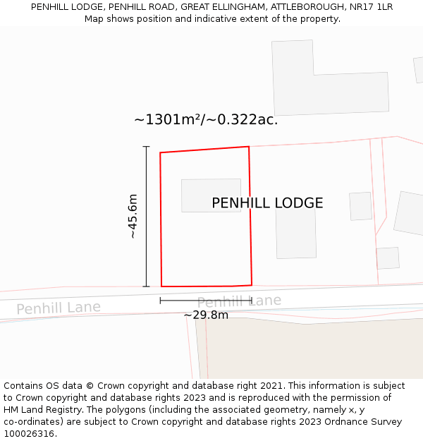 PENHILL LODGE, PENHILL ROAD, GREAT ELLINGHAM, ATTLEBOROUGH, NR17 1LR: Plot and title map