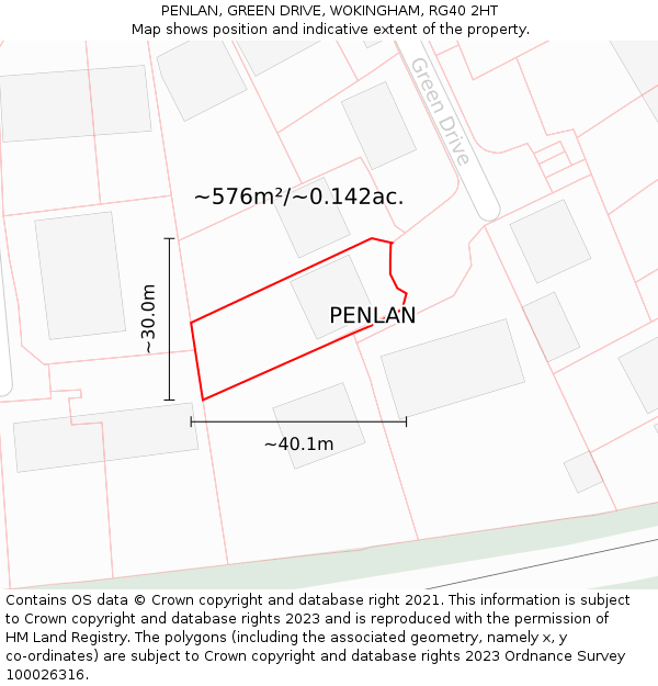 PENLAN, GREEN DRIVE, WOKINGHAM, RG40 2HT: Plot and title map