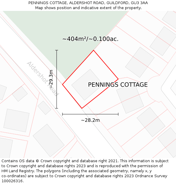 PENNINGS COTTAGE, ALDERSHOT ROAD, GUILDFORD, GU3 3AA: Plot and title map