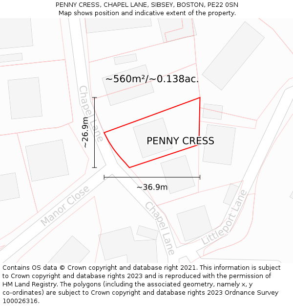 PENNY CRESS, CHAPEL LANE, SIBSEY, BOSTON, PE22 0SN: Plot and title map