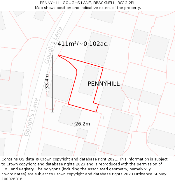 PENNYHILL, GOUGHS LANE, BRACKNELL, RG12 2PL: Plot and title map