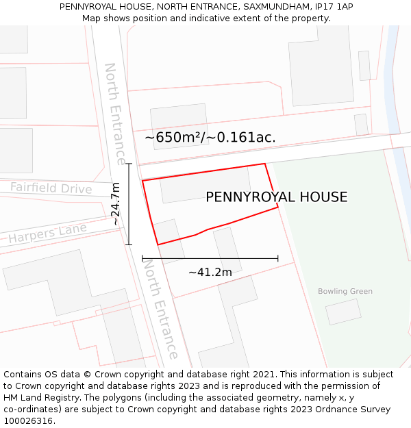 PENNYROYAL HOUSE, NORTH ENTRANCE, SAXMUNDHAM, IP17 1AP: Plot and title map