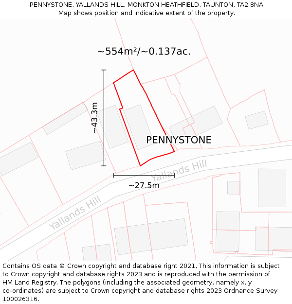 PENNYSTONE, YALLANDS HILL, MONKTON HEATHFIELD, TAUNTON, TA2 8NA: Plot and title map