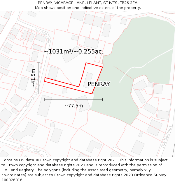PENRAY, VICARAGE LANE, LELANT, ST IVES, TR26 3EA: Plot and title map