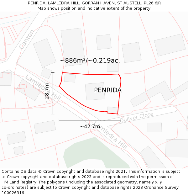PENRIDA, LAMLEDRA HILL, GORRAN HAVEN, ST AUSTELL, PL26 6JR: Plot and title map