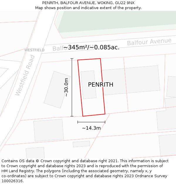 PENRITH, BALFOUR AVENUE, WOKING, GU22 9NX: Plot and title map