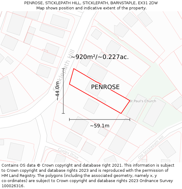 PENROSE, STICKLEPATH HILL, STICKLEPATH, BARNSTAPLE, EX31 2DW: Plot and title map