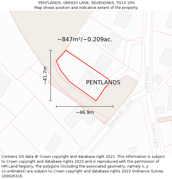 PENTLANDS, GRASSY LANE, SEVENOAKS, TN13 1PN: Plot and title map