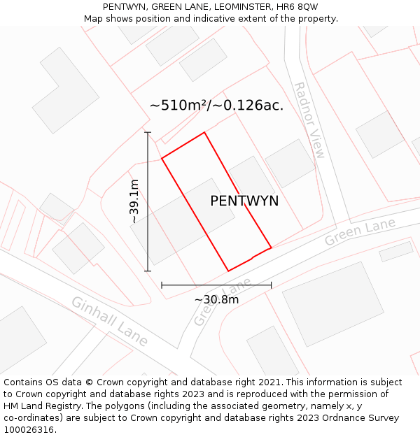 PENTWYN, GREEN LANE, LEOMINSTER, HR6 8QW: Plot and title map