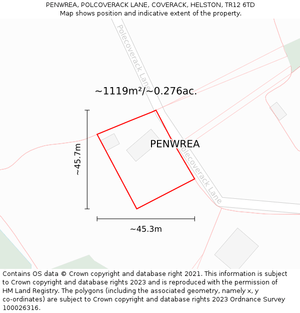 PENWREA, POLCOVERACK LANE, COVERACK, HELSTON, TR12 6TD: Plot and title map