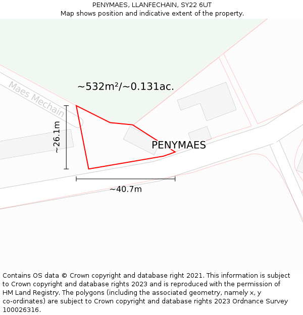 PENYMAES, LLANFECHAIN, SY22 6UT: Plot and title map