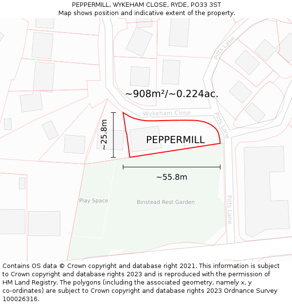 PEPPERMILL, WYKEHAM CLOSE, RYDE, PO33 3ST: Plot and title map