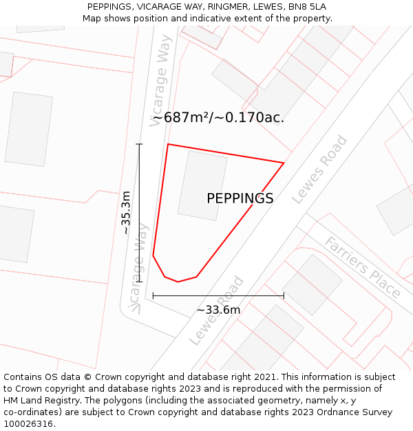 PEPPINGS, VICARAGE WAY, RINGMER, LEWES, BN8 5LA: Plot and title map