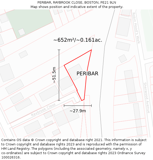 PERIBAR, RAYBROOK CLOSE, BOSTON, PE21 9LN: Plot and title map