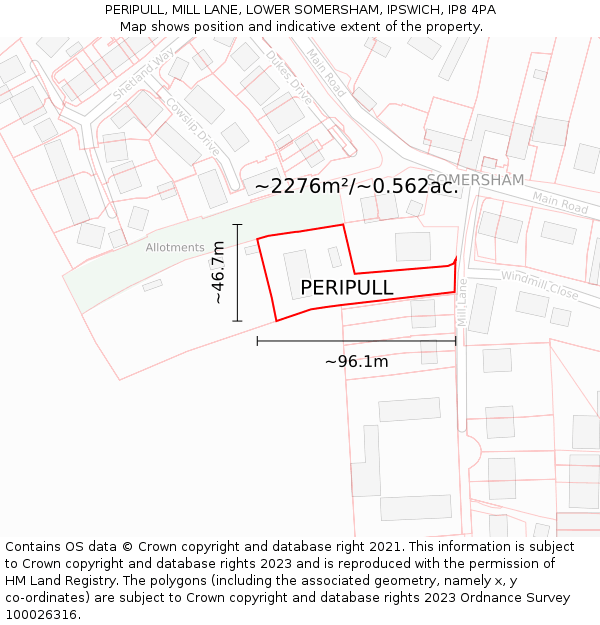 PERIPULL, MILL LANE, LOWER SOMERSHAM, IPSWICH, IP8 4PA: Plot and title map