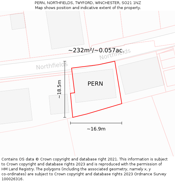 PERN, NORTHFIELDS, TWYFORD, WINCHESTER, SO21 1NZ: Plot and title map