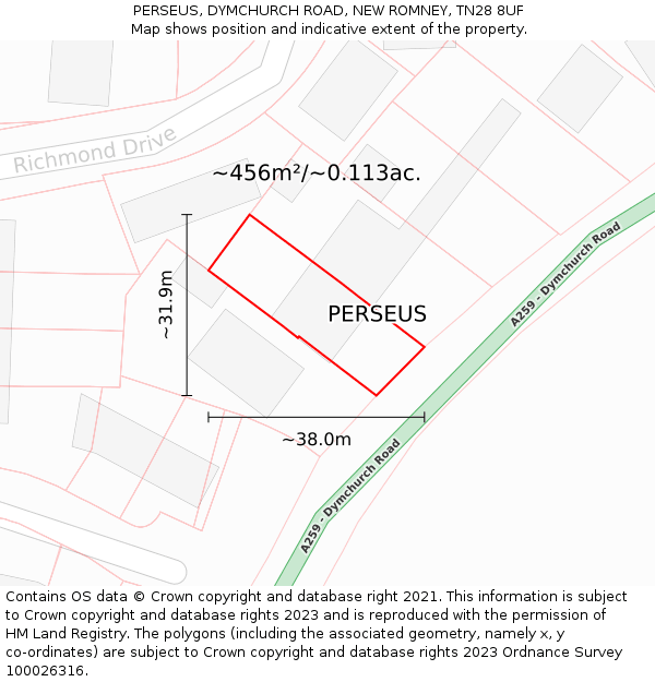 PERSEUS, DYMCHURCH ROAD, NEW ROMNEY, TN28 8UF: Plot and title map