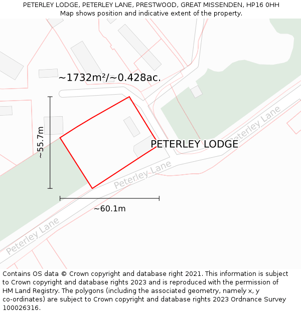 PETERLEY LODGE, PETERLEY LANE, PRESTWOOD, GREAT MISSENDEN, HP16 0HH: Plot and title map