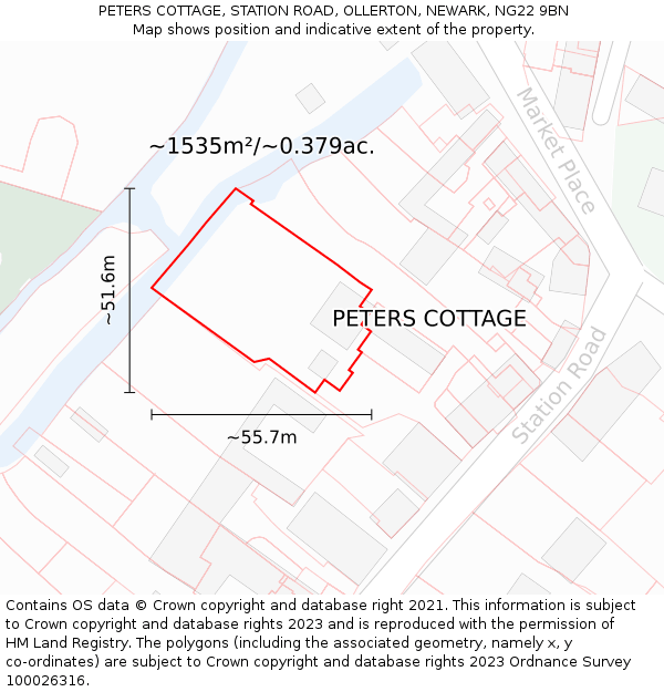 PETERS COTTAGE, STATION ROAD, OLLERTON, NEWARK, NG22 9BN: Plot and title map