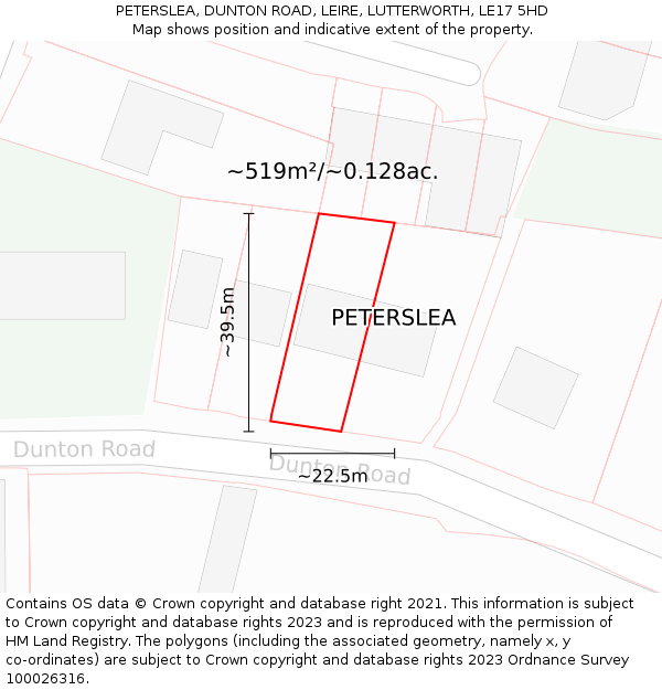 PETERSLEA, DUNTON ROAD, LEIRE, LUTTERWORTH, LE17 5HD: Plot and title map