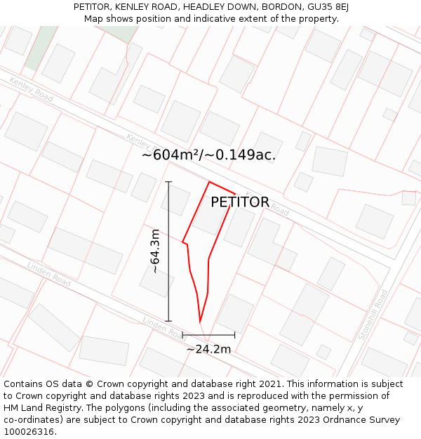 PETITOR, KENLEY ROAD, HEADLEY DOWN, BORDON, GU35 8EJ: Plot and title map