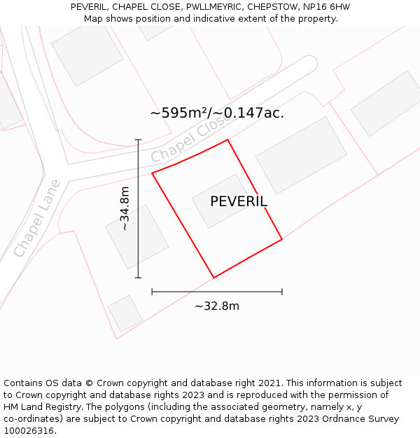 PEVERIL, CHAPEL CLOSE, PWLLMEYRIC, CHEPSTOW, NP16 6HW: Plot and title map